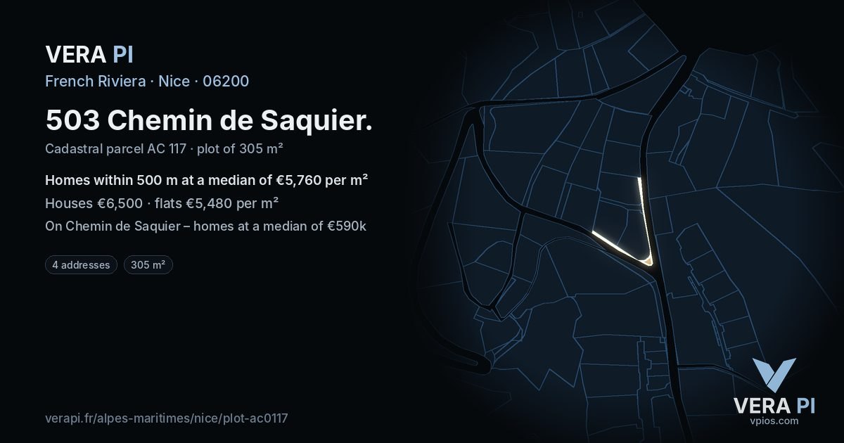 503 Chemin de Saquier, Nice at night – the plot lit, the parcels around coloured by the prices near them