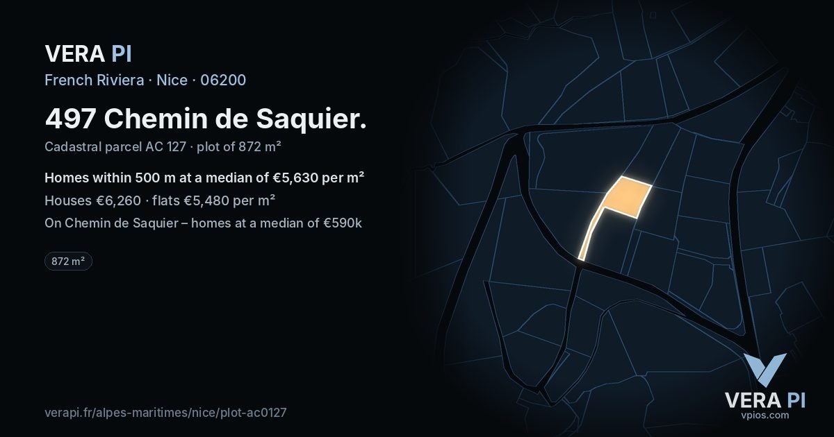 497 Chemin de Saquier, Nice at night – the plot lit, the parcels around coloured by the prices near them