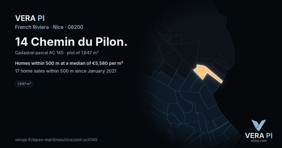 14 Chemin du Pilon, Nice at night – the plot lit, the parcels around coloured by the prices near them