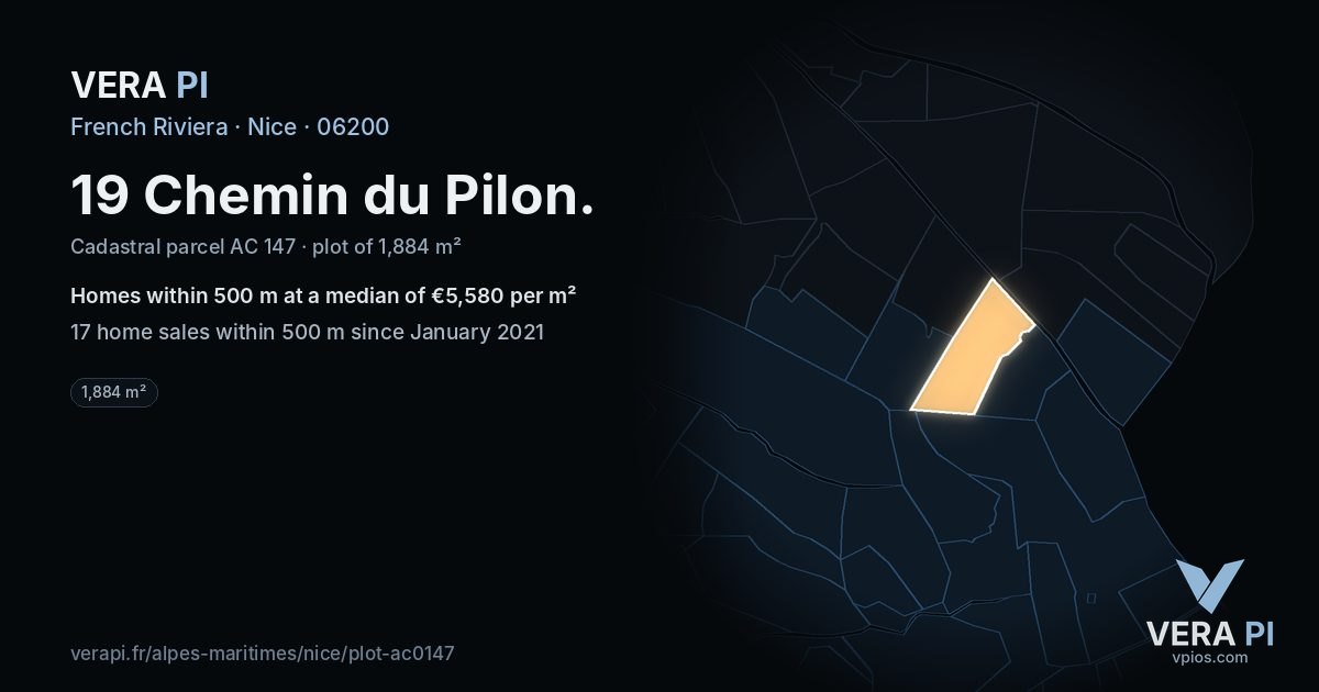 19 Chemin du Pilon, Nice at night – the plot lit, the parcels around coloured by the prices near them