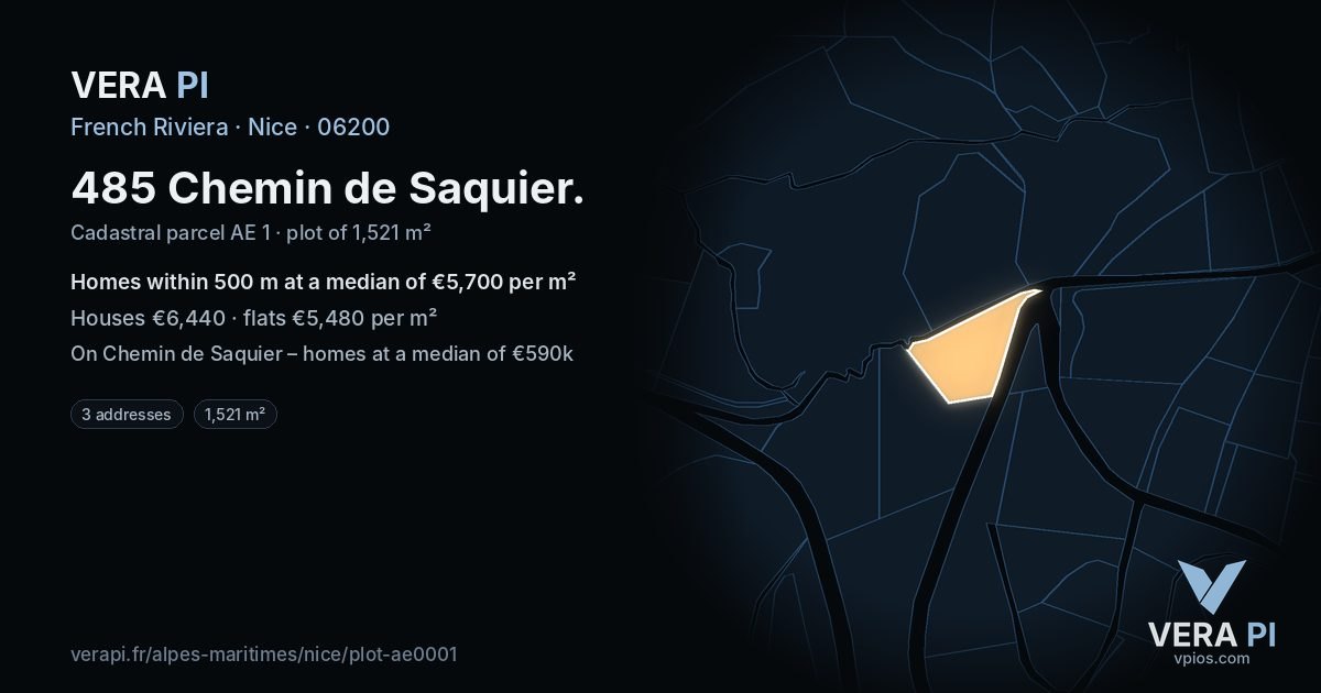 485 Chemin de Saquier, Nice at night – the plot lit, the parcels around coloured by the prices near them