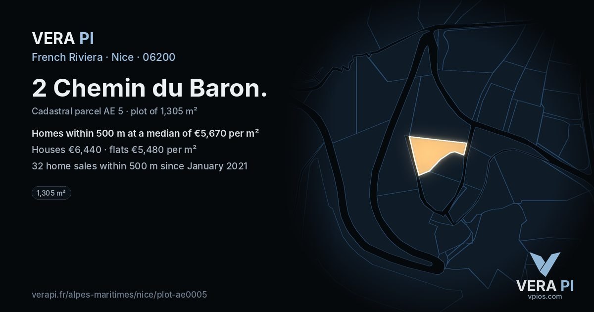 2 Chemin du Baron, Nice at night – the plot lit, the parcels around coloured by the prices near them