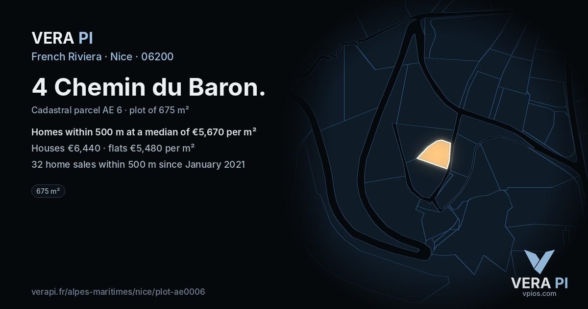 4 Chemin du Baron, Nice at night – the plot lit, the parcels around coloured by the prices near them