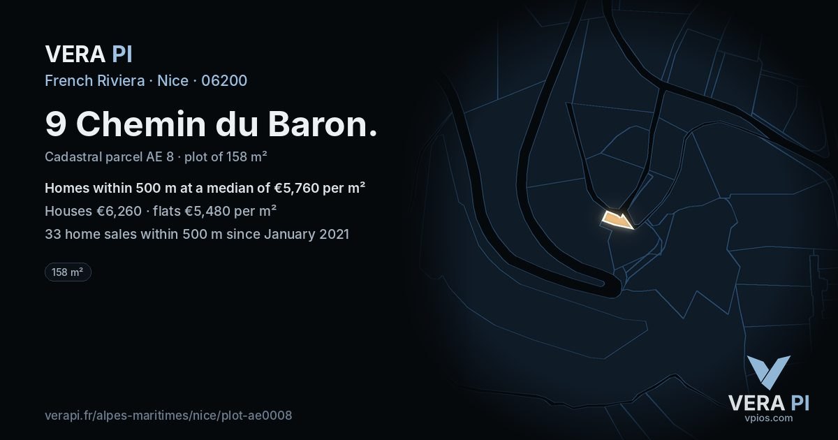 9 Chemin du Baron, Nice at night – the plot lit, the parcels around coloured by the prices near them
