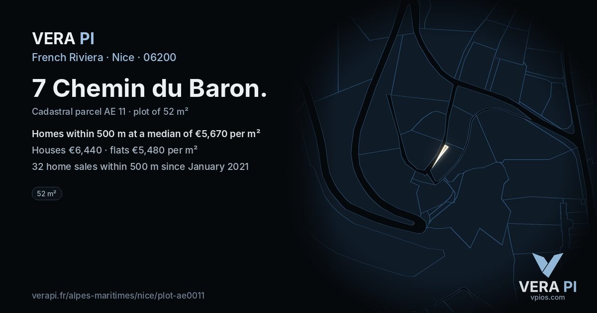 7 Chemin du Baron, Nice at night – the plot lit, the parcels around coloured by the prices near them