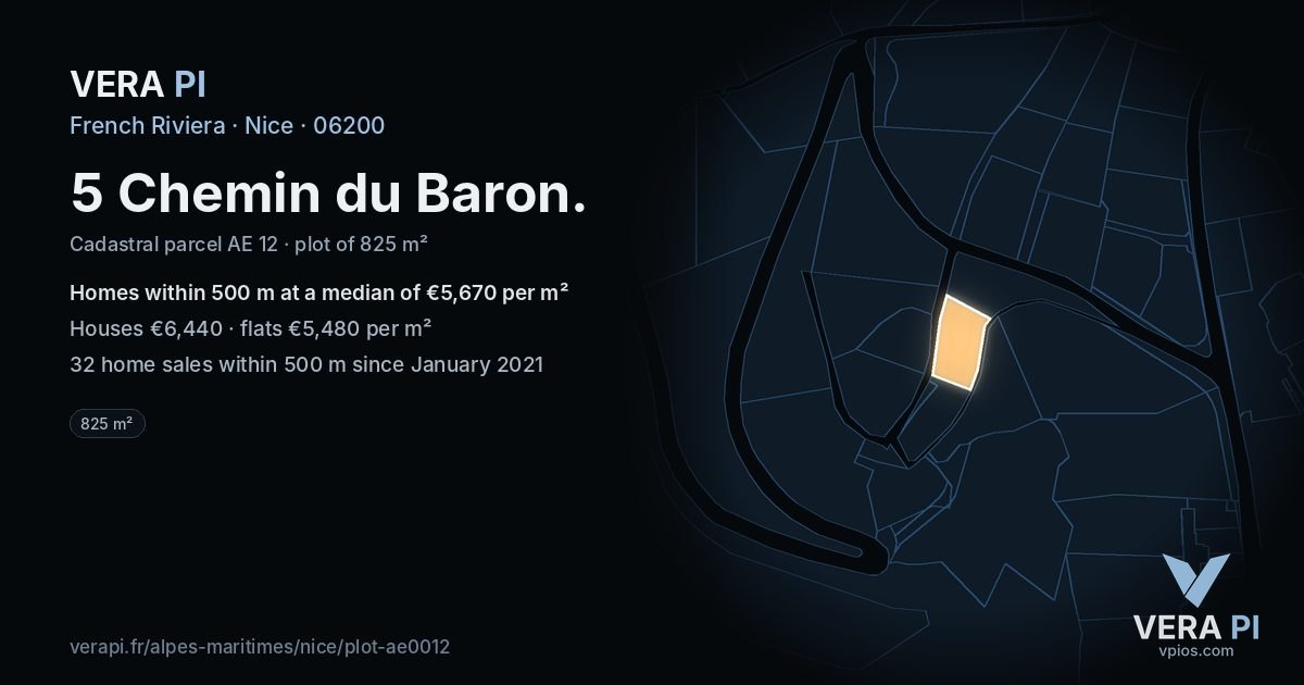 5 Chemin du Baron, Nice at night – the plot lit, the parcels around coloured by the prices near them