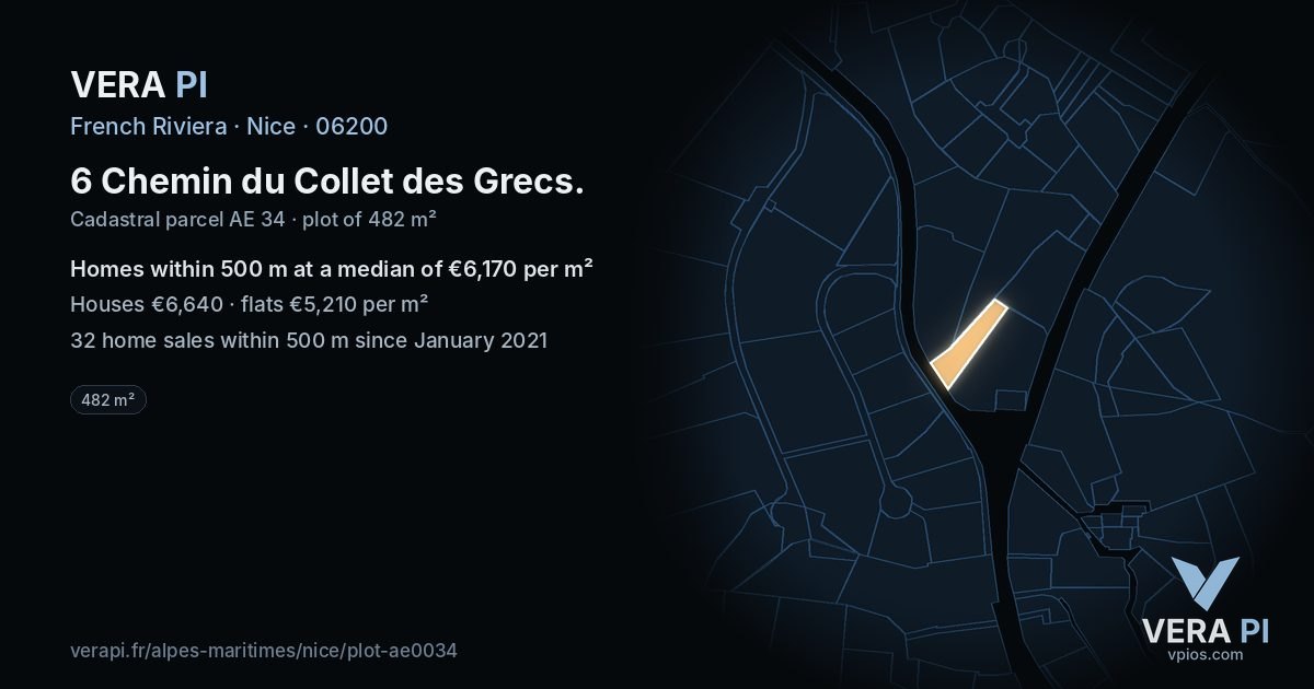 6 Chemin du Collet des Grecs, Nice at night – the plot lit, the parcels around coloured by the prices near them