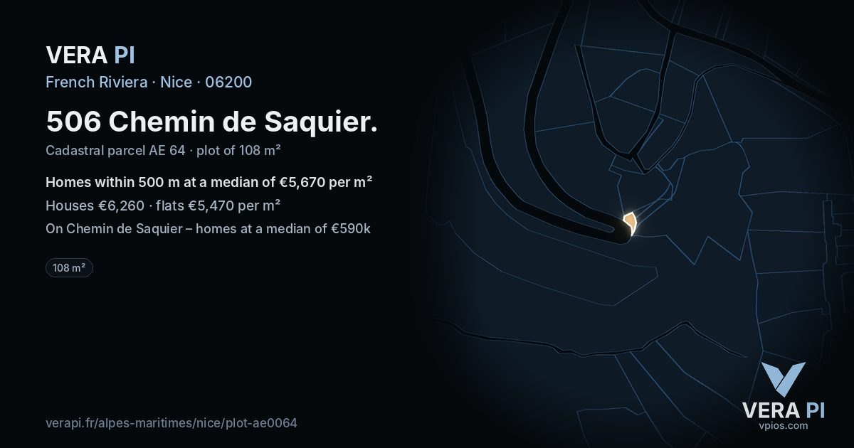 506 Chemin de Saquier, Nice at night – the plot lit, the parcels around coloured by the prices near them