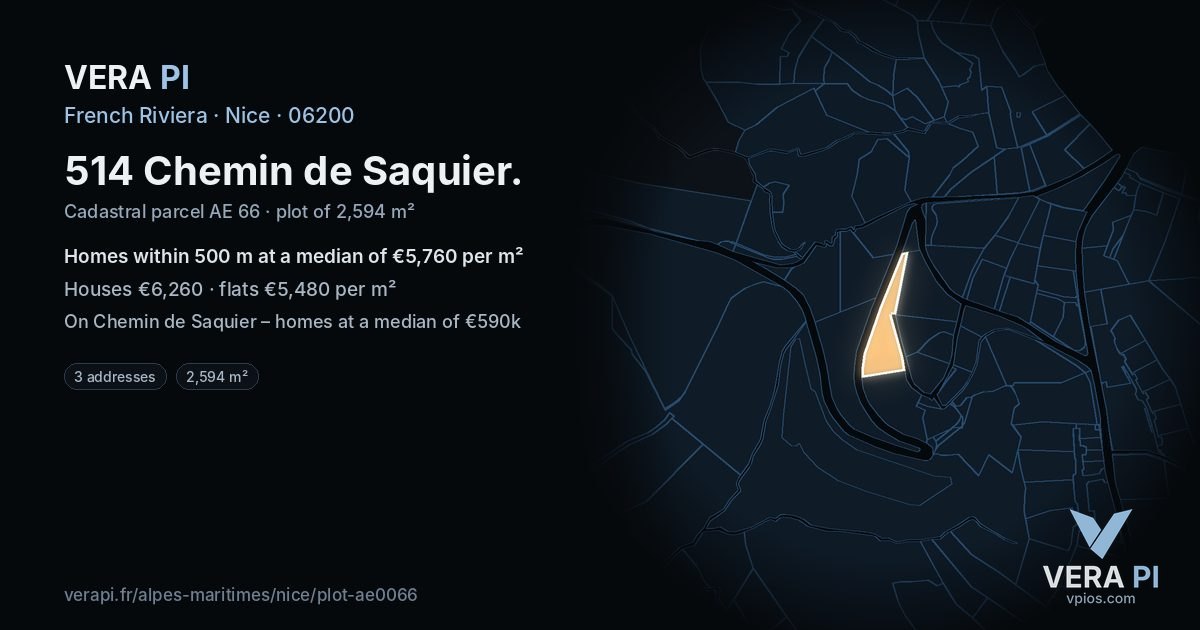514 Chemin de Saquier, Nice at night – the plot lit, the parcels around coloured by the prices near them