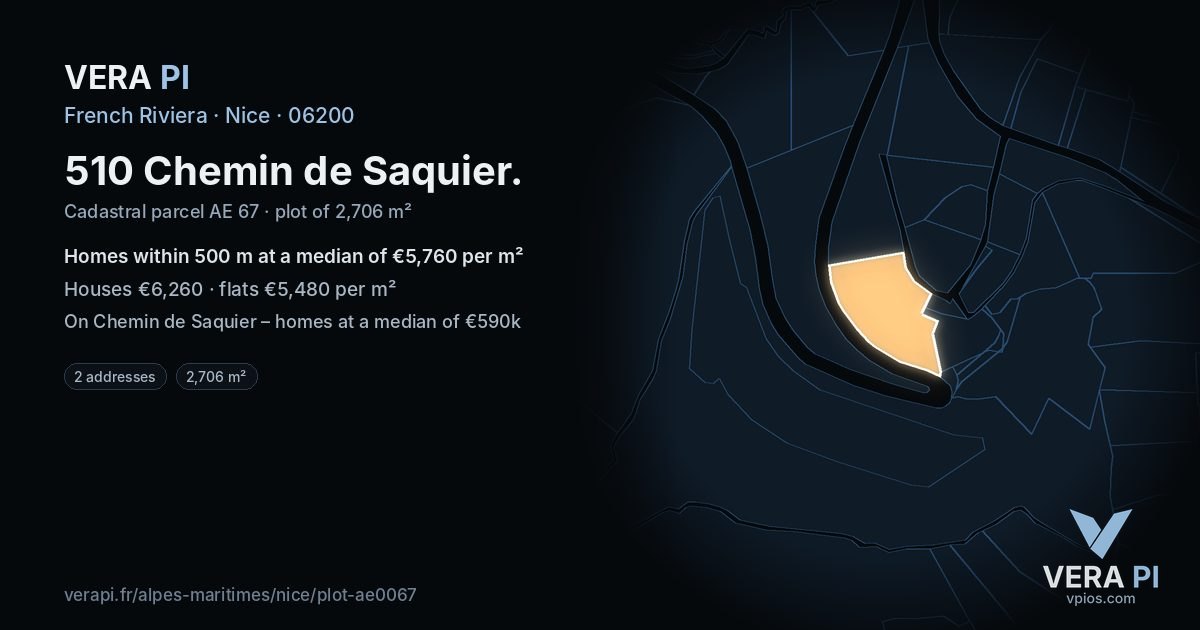 510 Chemin de Saquier, Nice at night – the plot lit, the parcels around coloured by the prices near them