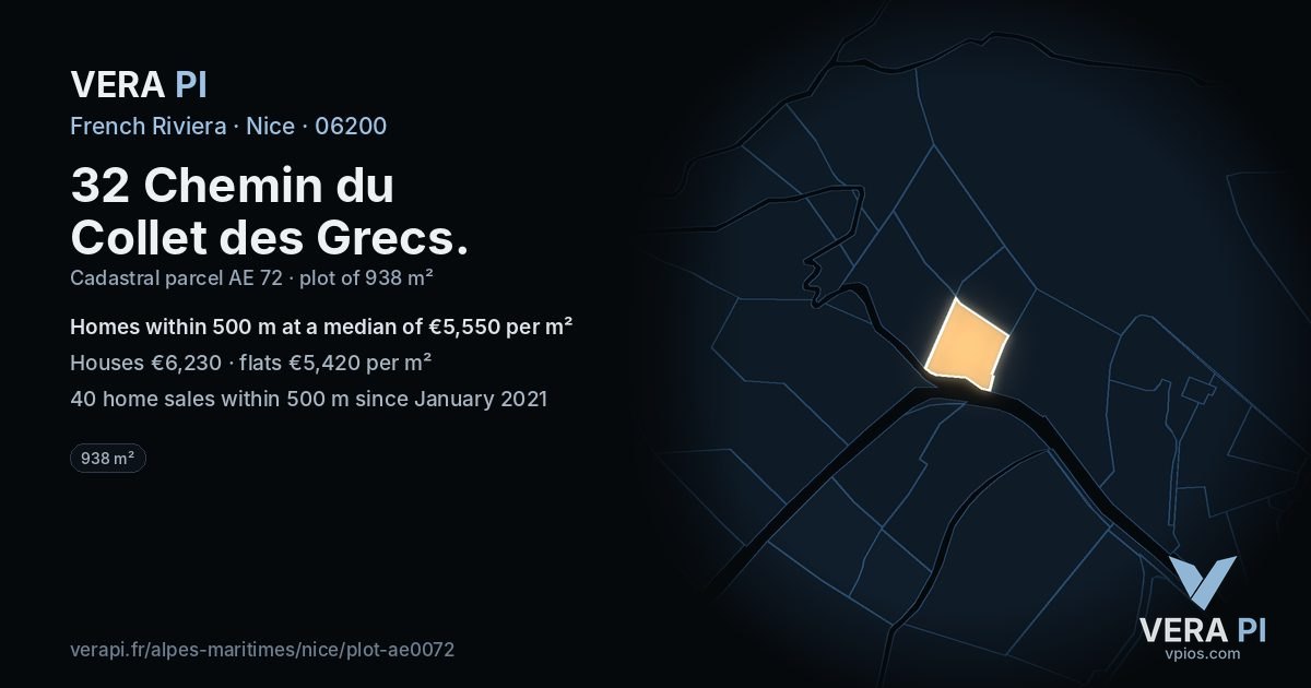 32 Chemin du Collet des Grecs, Nice at night – the plot lit, the parcels around coloured by the prices near them