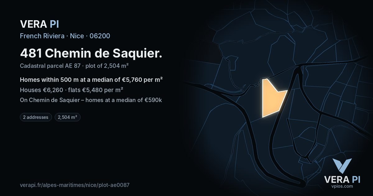 481 Chemin de Saquier, Nice at night – the plot lit, the parcels around coloured by the prices near them