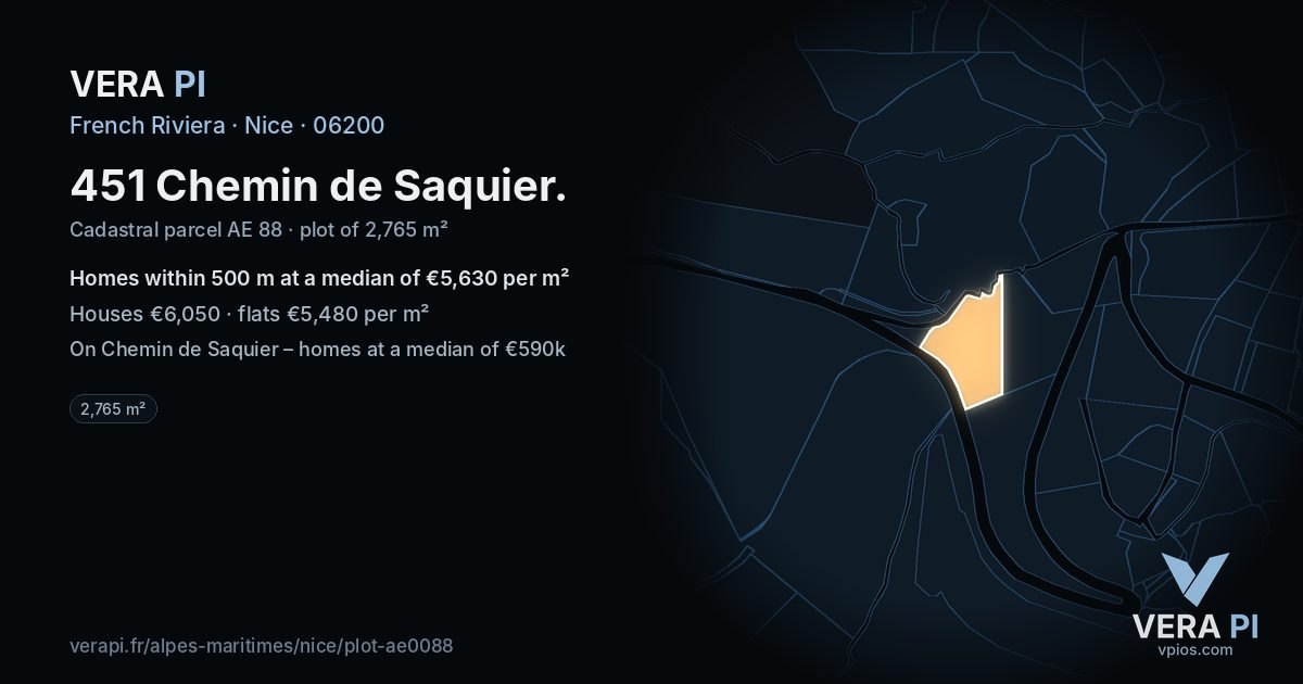 451 Chemin de Saquier, Nice at night – the plot lit, the parcels around coloured by the prices near them