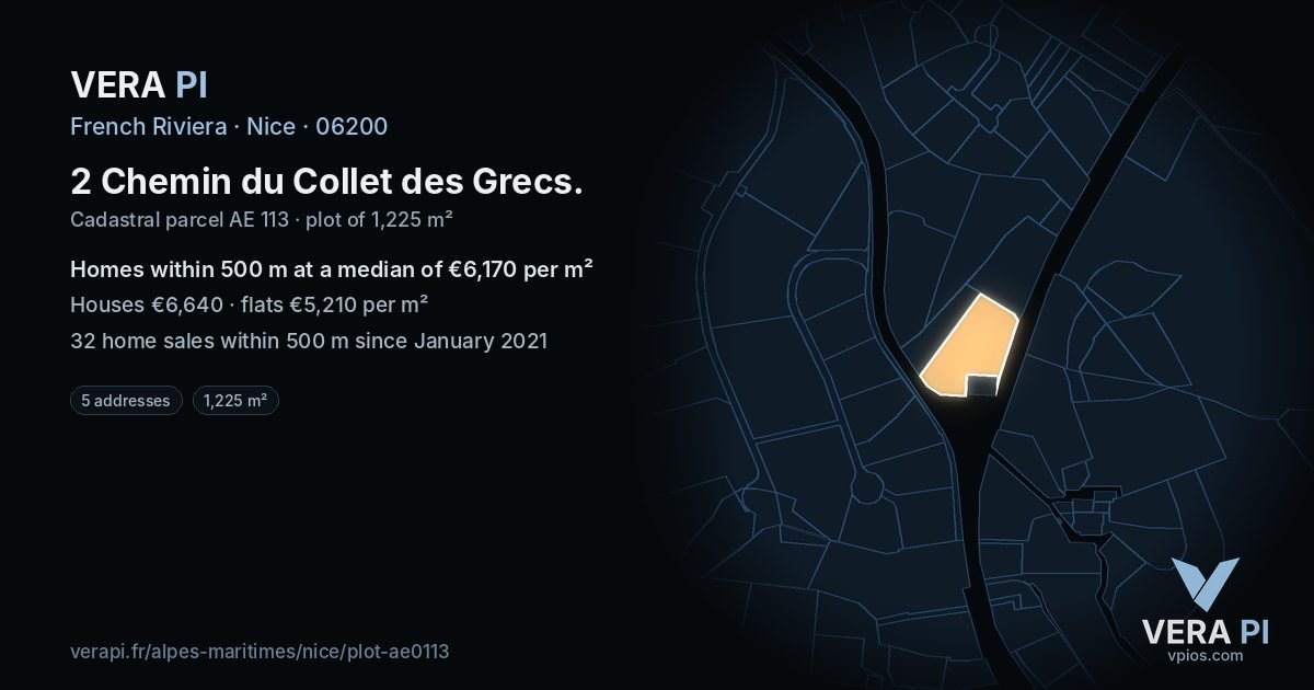 2 Chemin du Collet des Grecs, Nice at night – the plot lit, the parcels around coloured by the prices near them