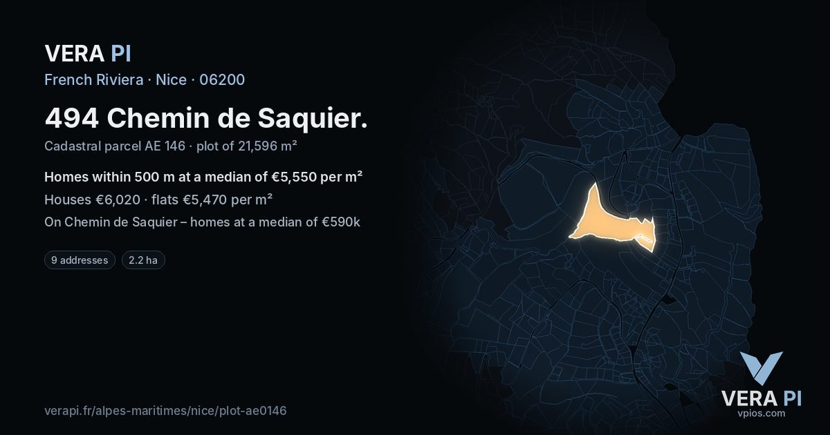 494 Chemin de Saquier, Nice at night – the plot lit, the parcels around coloured by the prices near them