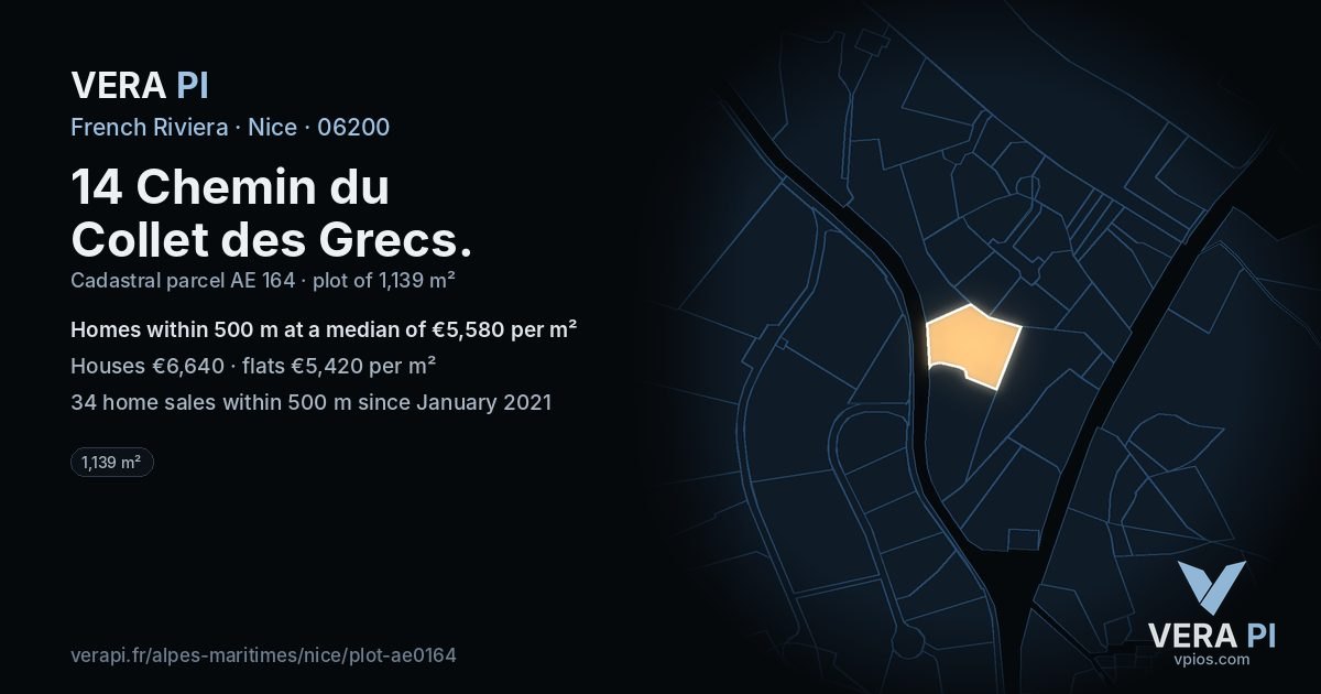 14 Chemin du Collet des Grecs, Nice at night – the plot lit, the parcels around coloured by the prices near them