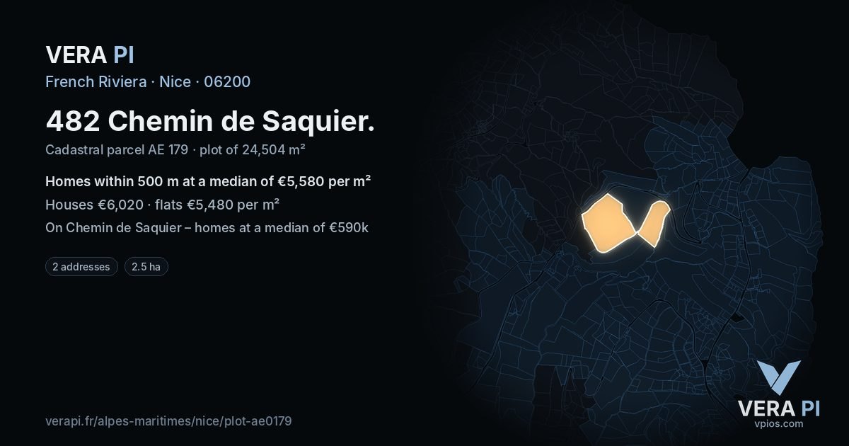 482 Chemin de Saquier, Nice at night – the plot lit, the parcels around coloured by the prices near them