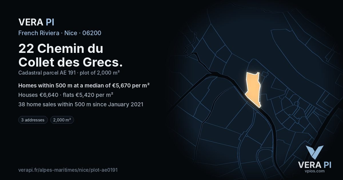 22 Chemin du Collet des Grecs, Nice at night – the plot lit, the parcels around coloured by the prices near them