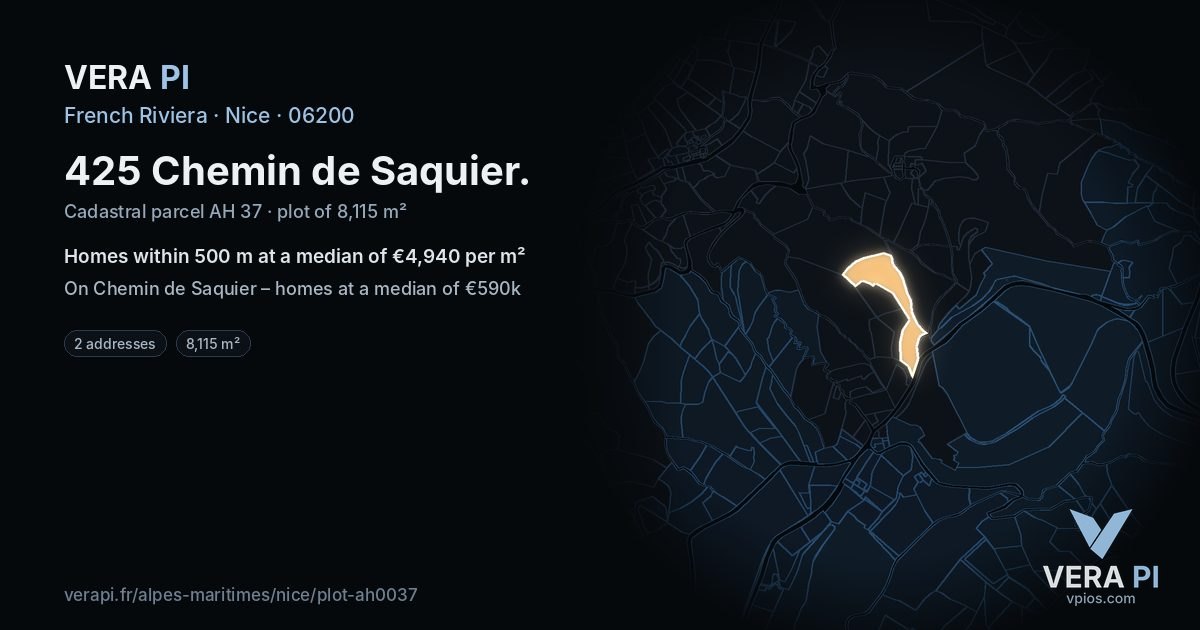425 Chemin de Saquier, Nice at night – the plot lit, the parcels around coloured by the prices near them