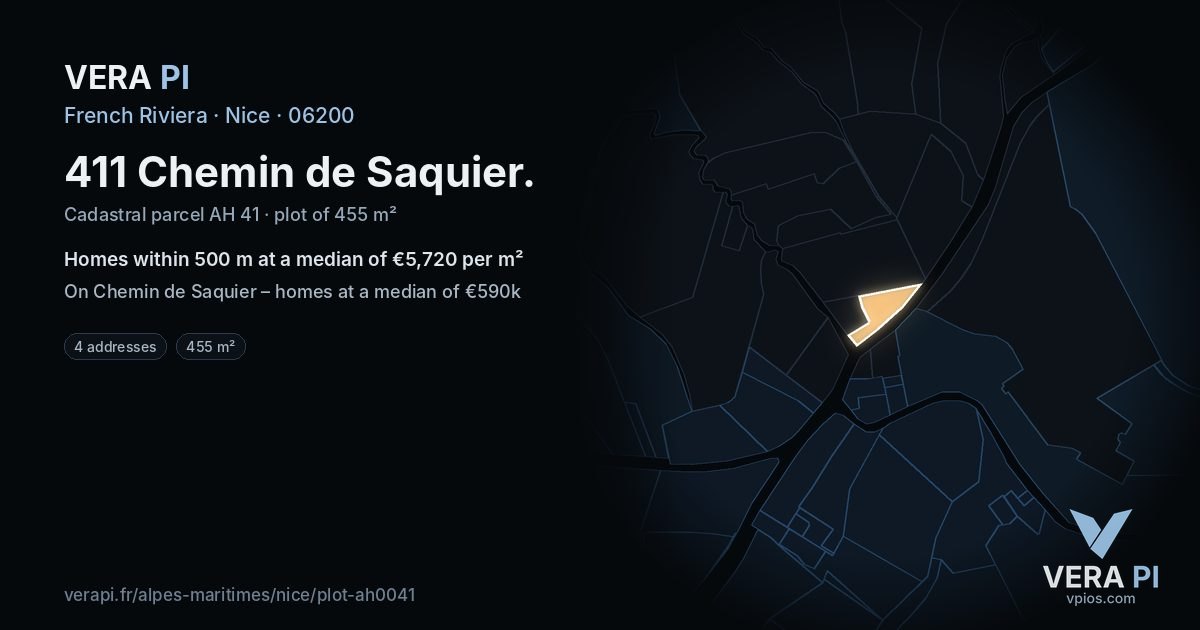 411 Chemin de Saquier, Nice at night – the plot lit, the parcels around coloured by the prices near them