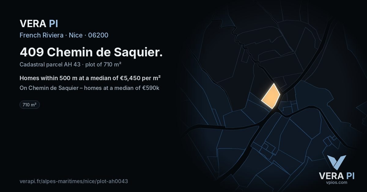 409 Chemin de Saquier, Nice at night – the plot lit, the parcels around coloured by the prices near them