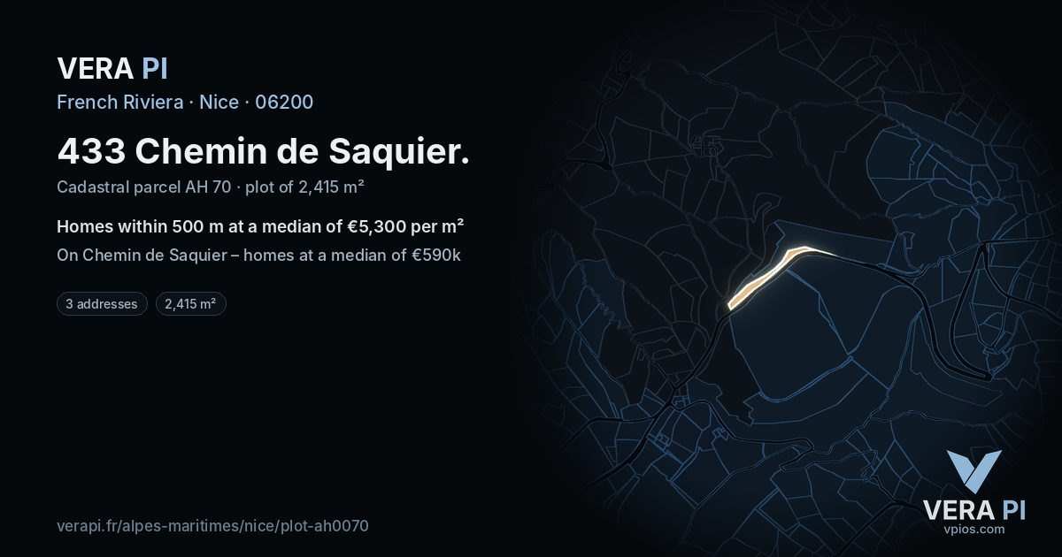 433 Chemin de Saquier, Nice at night – the plot lit, the parcels around coloured by the prices near them