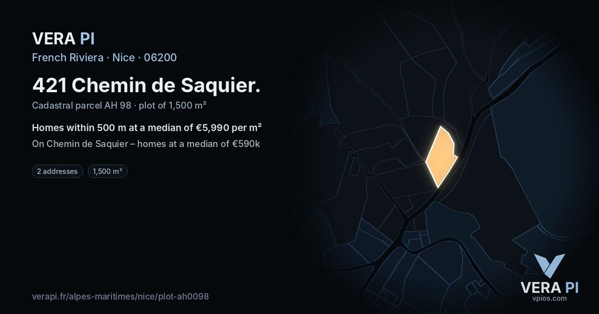 421 Chemin de Saquier, Nice at night – the plot lit, the parcels around coloured by the prices near them
