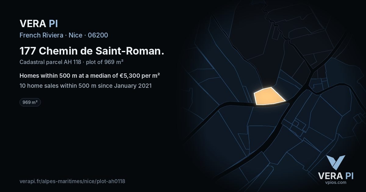 177 Chemin de Saint-Roman, Nice at night – the plot lit, the parcels around coloured by the prices near them