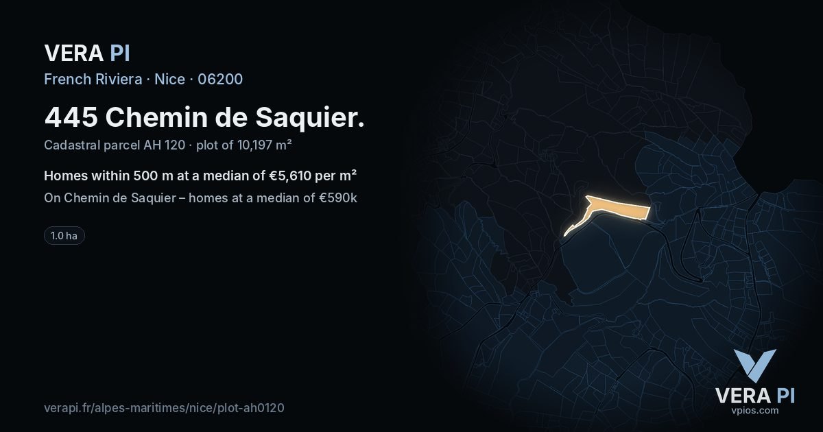 445 Chemin de Saquier, Nice at night – the plot lit, the parcels around coloured by the prices near them