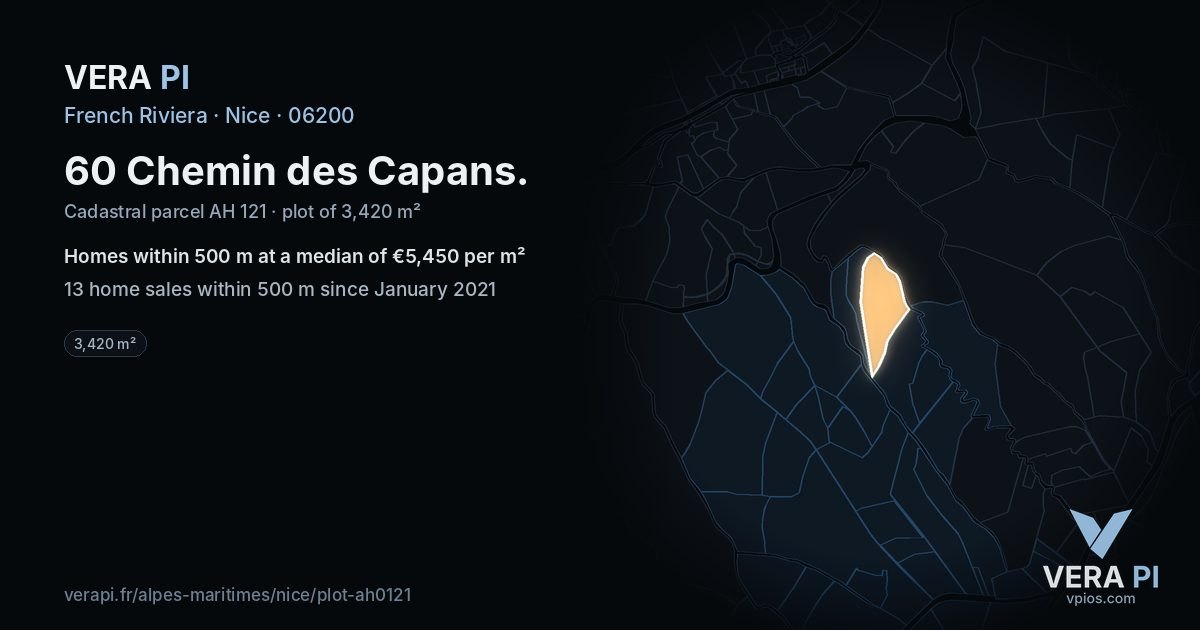 60 Chemin des Capans, Nice at night – the plot lit, the parcels around coloured by the prices near them