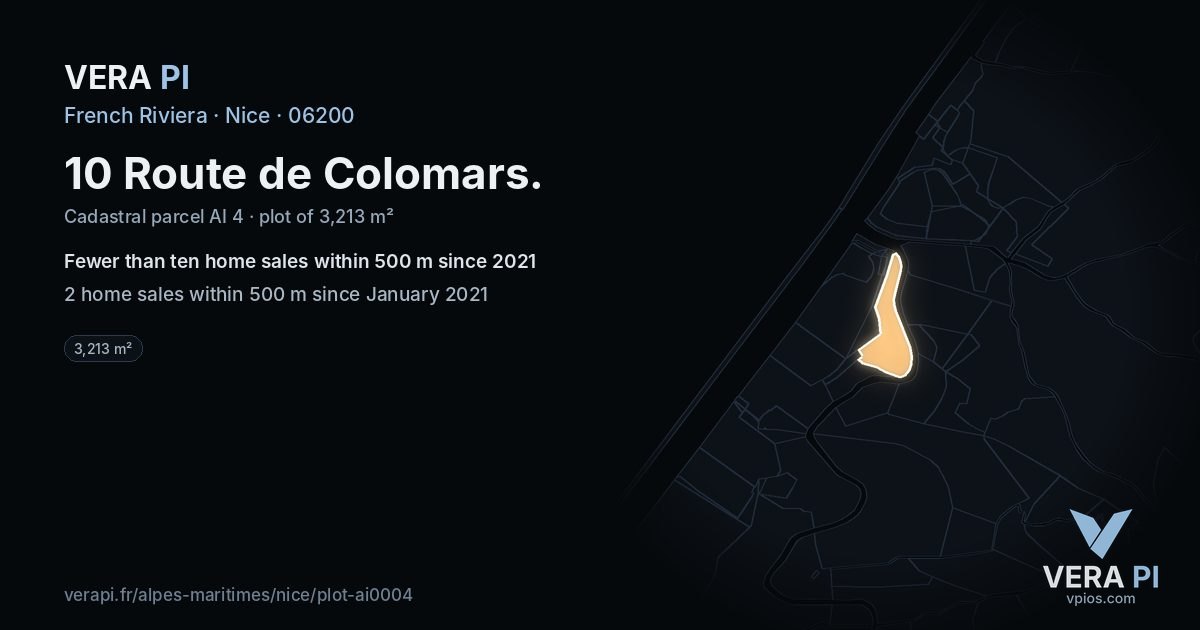 10 Route de Colomars, Nice at night – the plot lit, the parcels around coloured by the prices near them