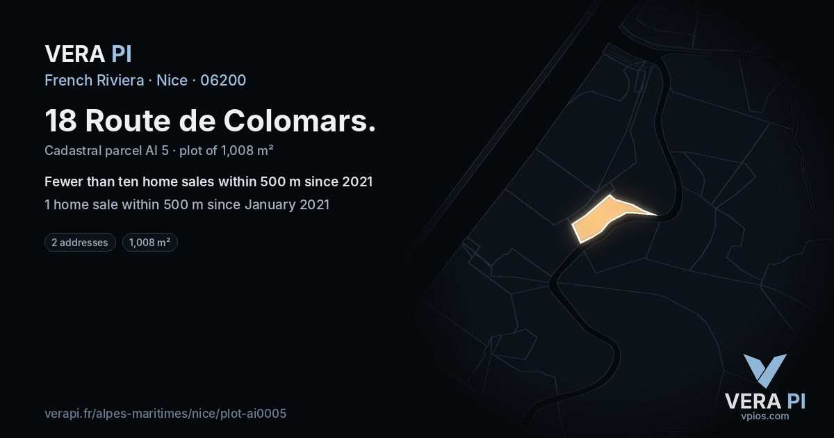 18 Route de Colomars, Nice at night – the plot lit, the parcels around coloured by the prices near them