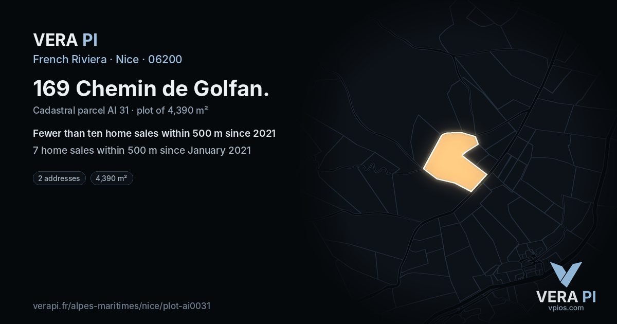169 Chemin de Golfan, Nice at night – the plot lit, the parcels around coloured by the prices near them