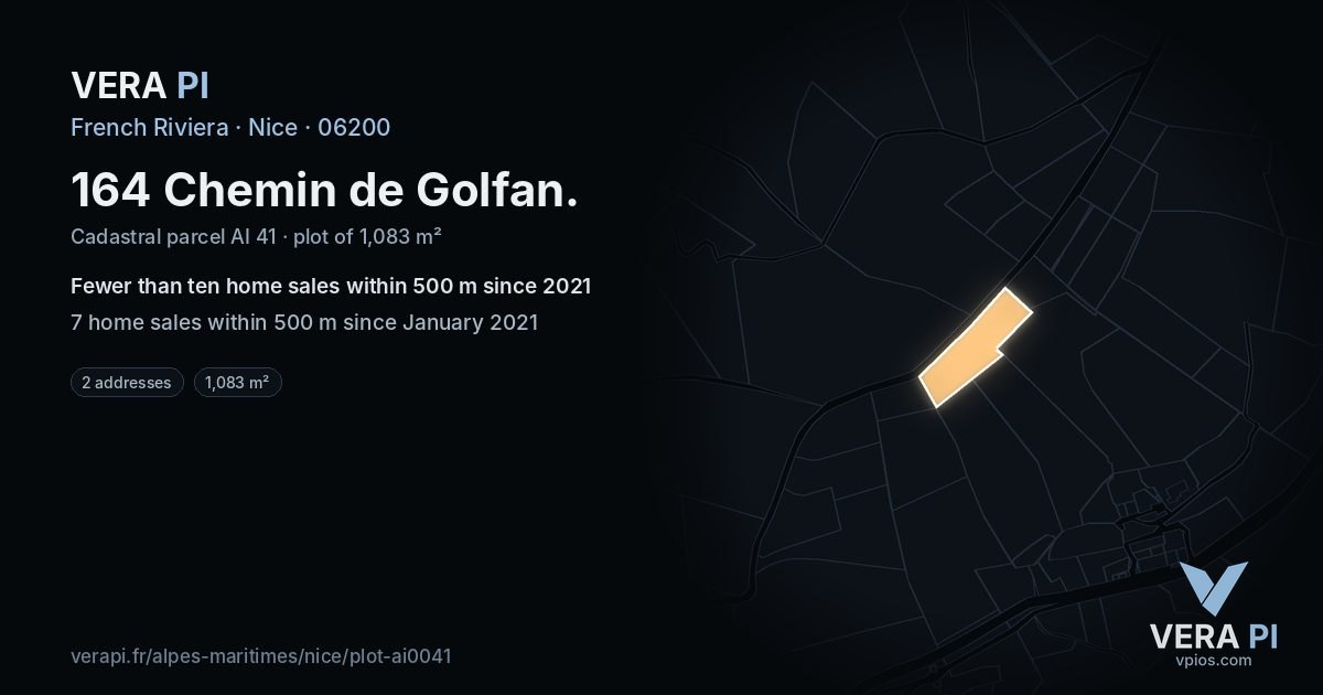 164 Chemin de Golfan, Nice at night – the plot lit, the parcels around coloured by the prices near them
