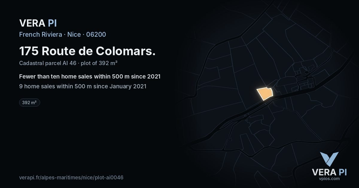 175 Route de Colomars, Nice at night – the plot lit, the parcels around coloured by the prices near them