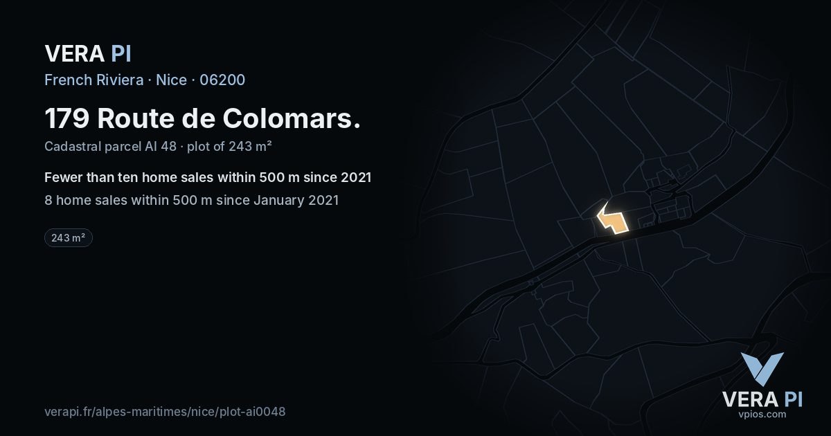 179 Route de Colomars, Nice at night – the plot lit, the parcels around coloured by the prices near them