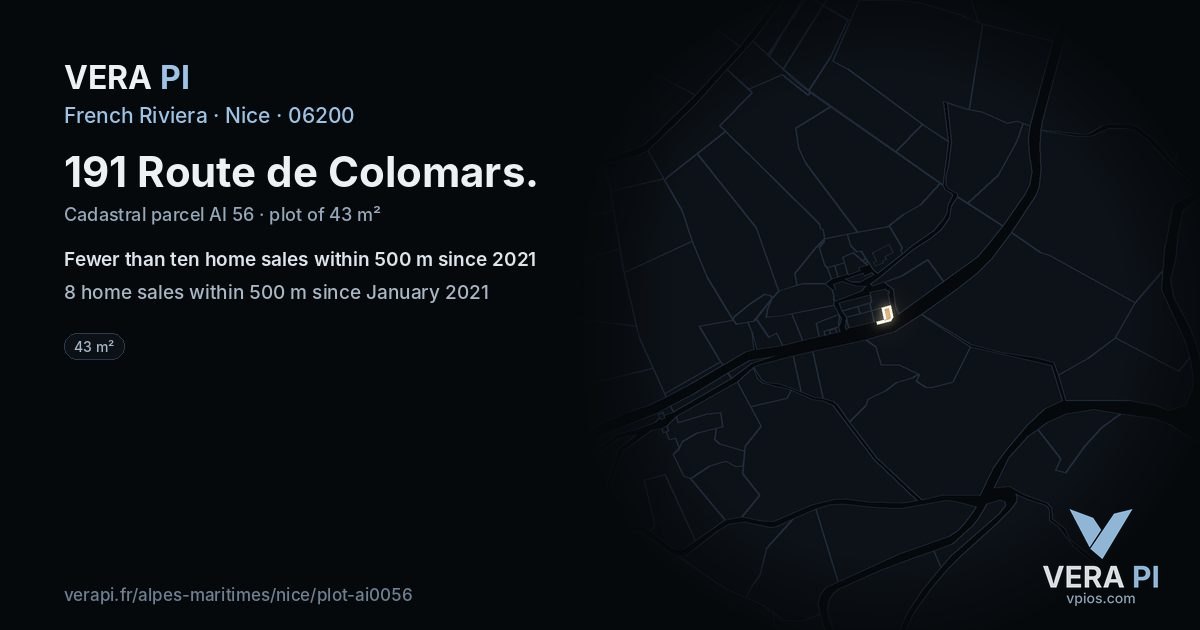 191 Route de Colomars, Nice at night – the plot lit, the parcels around coloured by the prices near them