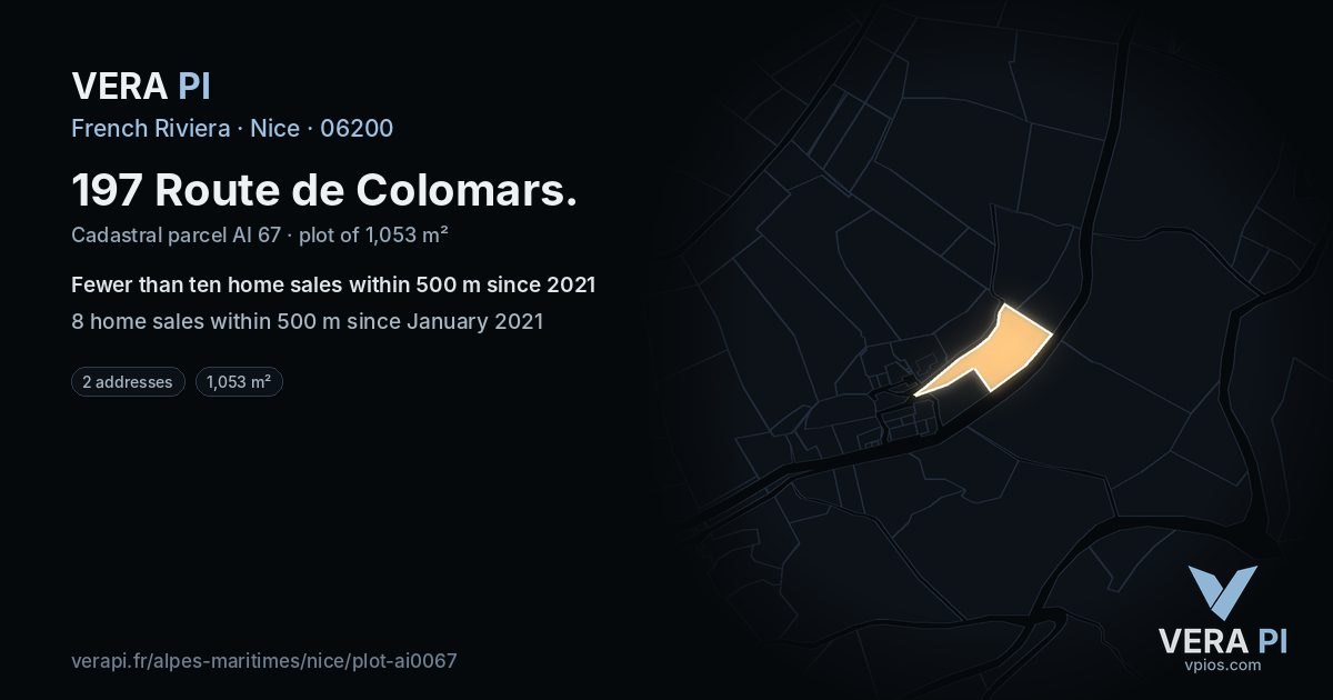 197 Route de Colomars, Nice at night – the plot lit, the parcels around coloured by the prices near them
