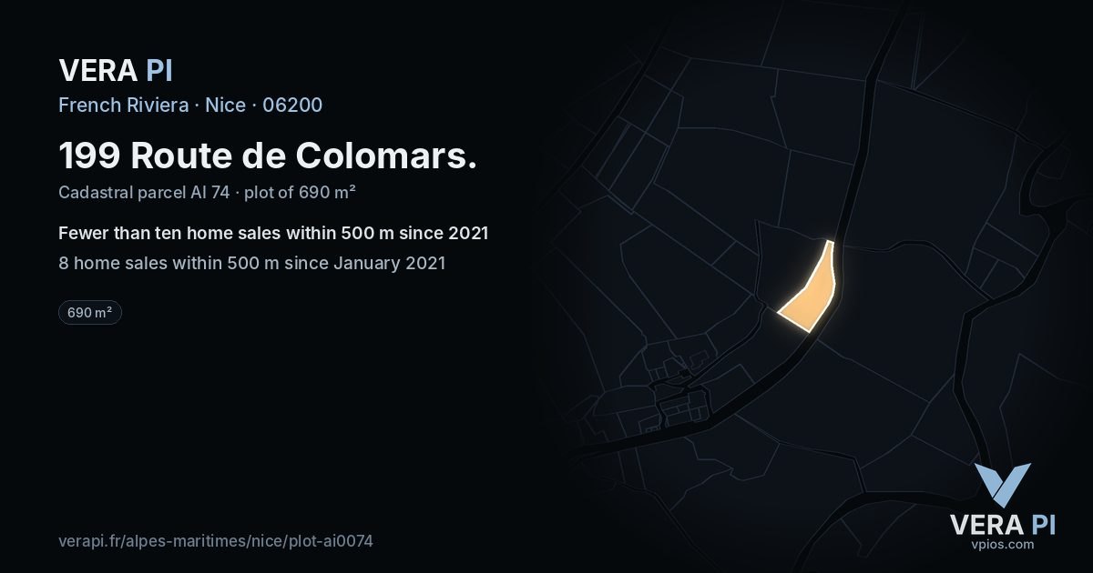 199 Route de Colomars, Nice at night – the plot lit, the parcels around coloured by the prices near them