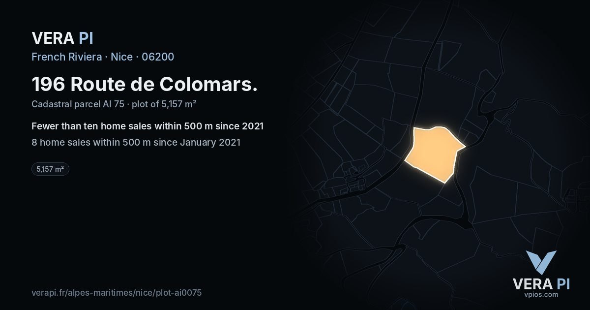 196 Route de Colomars, Nice at night – the plot lit, the parcels around coloured by the prices near them