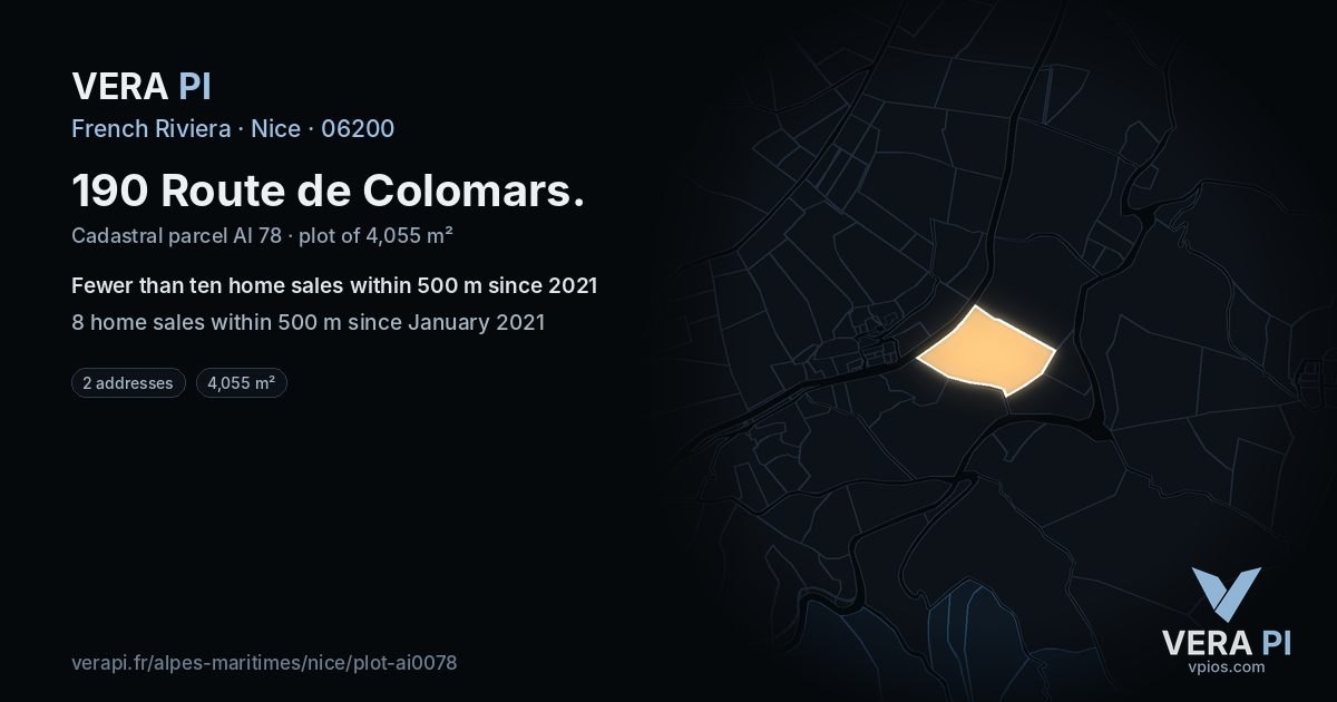 190 Route de Colomars, Nice at night – the plot lit, the parcels around coloured by the prices near them