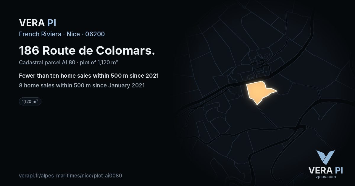 186 Route de Colomars, Nice at night – the plot lit, the parcels around coloured by the prices near them