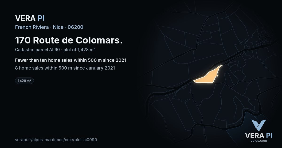 170 Route de Colomars, Nice at night – the plot lit, the parcels around coloured by the prices near them