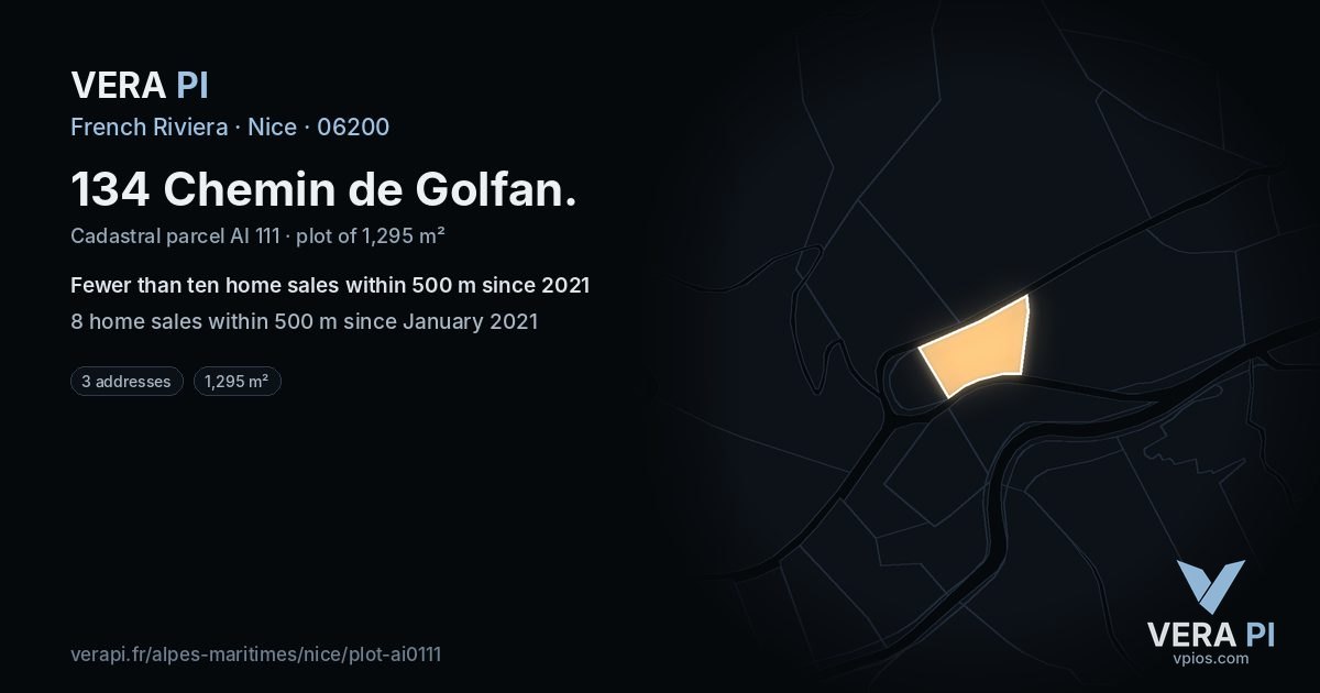 134 Chemin de Golfan, Nice at night – the plot lit, the parcels around coloured by the prices near them
