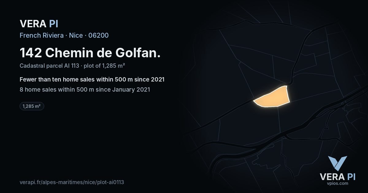 142 Chemin de Golfan, Nice at night – the plot lit, the parcels around coloured by the prices near them