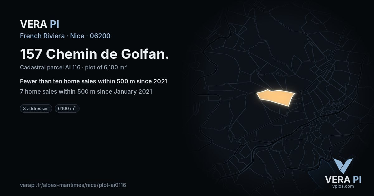 157 Chemin de Golfan, Nice at night – the plot lit, the parcels around coloured by the prices near them