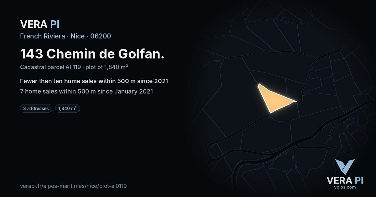 143 Chemin de Golfan, Nice at night – the plot lit, the parcels around coloured by the prices near them