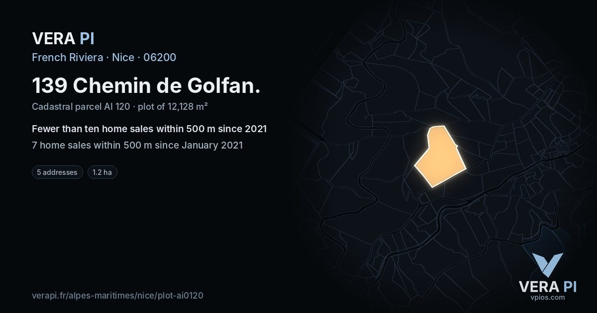 139 Chemin de Golfan, Nice at night – the plot lit, the parcels around coloured by the prices near them