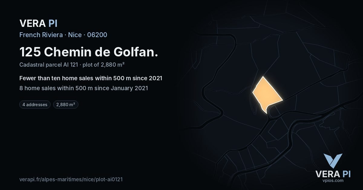 125 Chemin de Golfan, Nice at night – the plot lit, the parcels around coloured by the prices near them