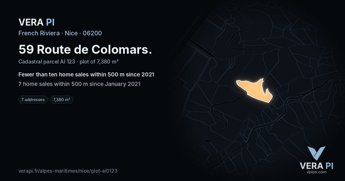 59 Route de Colomars, Nice at night – the plot lit, the parcels around coloured by the prices near them